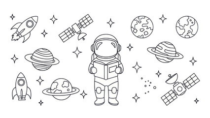 Astronaut reading book surrounded by space elements black and white illustration © botot