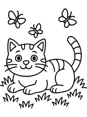 Fototapeta premium Cat and Butterfly Coloring Page: An adorable cartoon cat gazes at whimsical butterflies, creating a fun coloring scene, perfect for young artists.