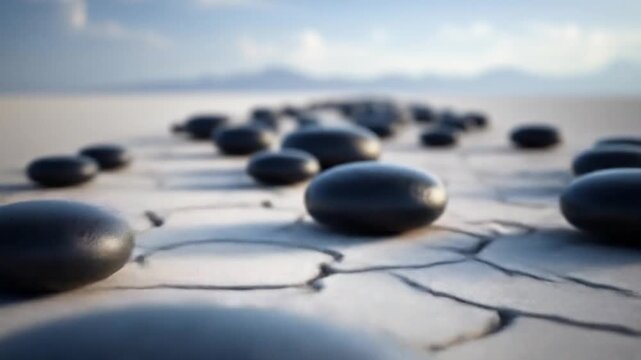 A winding path of dark, smooth stones leads toward a blurred mountainous horizon