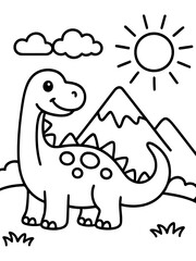 Obraz premium Dino Cartoon: A charming outline illustration of a friendly dinosaur basking in the sun against a backdrop of mountains and clouds, with a cheerful sun and playful clouds.