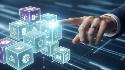 Hand touching digital cubes with tech icons blue light, ideal for tech websites, graphic design, digital concepts, and innovation themes.