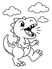 Obraz premium Cartoon Dinosaur: A cheerful, cartoon dinosaur with open mouth and waving a tiny hand beneath fluffy clouds.