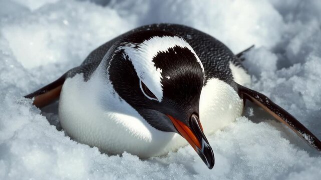 A small penguin rests in the snow, facing the camera with its distinctive black and white feathers. This captures a moment of survival and adaptation amidst harsh winter conditions.