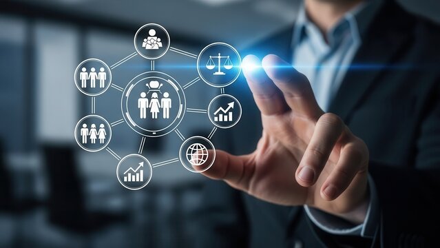 Closeup Businessman Hand interacting with virtual diversity icon, representing inclusive workplace, equal opportunity, human resources policy, and corporate culture