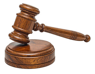 Close-up studio shot of a brown wooden gavel, resting on a round base