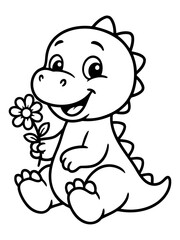 Obraz premium Dino with Flower: A delightful cartoon dinosaur, holding a delicate flower, embodies innocence and playful charm, perfect for children-related projects.