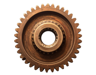 Close-up of a corroded metal gear with many teeth, isolated on a black background