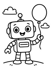 Fototapeta premium Robot Holding Balloon: A cheerful robot, stands holding a balloon on a grassy hill with fluffy clouds, symbolizing joy, imagination, and fun. 