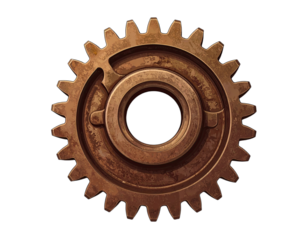 A detailed illustration of a weathered, steampunk-style gear with intricate inner workings