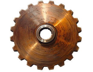 A close-up view of a metal gear, centrally positioned on a black background