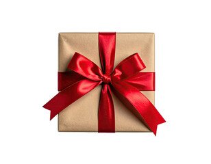 A square package in natural paper with a vibrant red satin ribbon bow