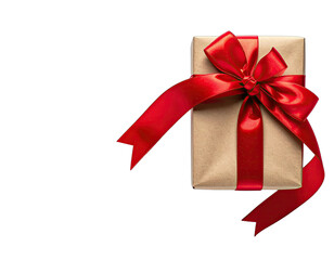 A neatly wrapped present, tied with a vibrant red satin bow against a black backdrop
