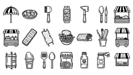 Obraz premium Black and white food icons street vendor cart and culinary tools