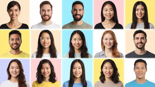Group of diverse people portraits smiling on pastel color backgrounds in a grid. Set of isolated faces and headshots with cheerful expressions.