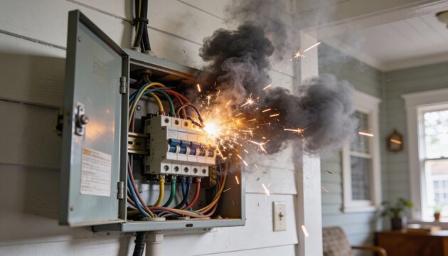Dangerous electrical short circuit inside an open service panel, generating bright sparks and dark smoke.
