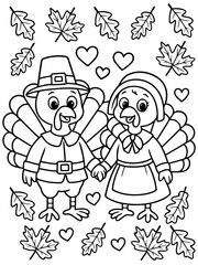 Fototapeta premium Thanksgiving Duo: Charming turkey couple, dressed in traditional attire, stand hand-in-hand, surrounded by autumn leaves and hearts, creating a heartwarming illustration for the holiday season.