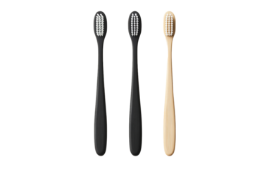 Manual toothbrush set with three brushes in holder designed for daily oral hygiene and family use isolated on transparent background PNG