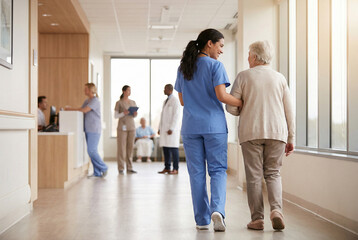 A nurse in blue scrubs gently assists an elderly female patient walking down a bright hospital corridor, with other medical staff and patients in the background.