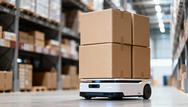 A white autonomous mobile robot transporting a stack of four cardboard boxes down a bright, modern warehouse aisle.