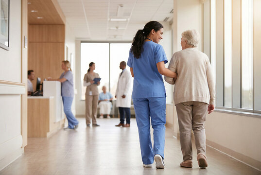 A nurse in blue scrubs gently assists an elderly female patient walking down a bright hospital corridor, with other medical staff and patients in the background.
