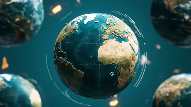 Animated earth globes with digital elements floating against a blue background, highlighting global technology and interconnectedness. 