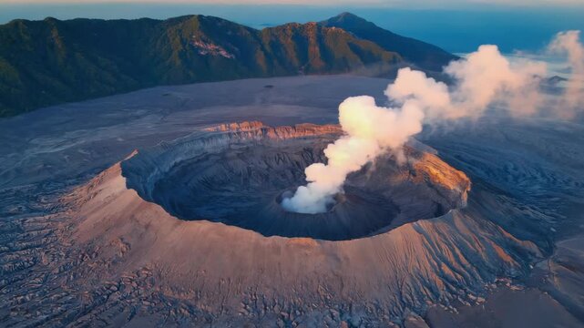 A volcanic crater with a lake in its center, surrounded by mountains and hills, providing an intriguing scientific and adventurous destination.
