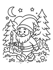 Fototapeta premium Whimsical Garden Gnome by Candlelight: A cheerful garden gnome with a flowing beard and a pointed hat, strolls through a moonlit garden, clutching a lit candle, radiating warmth and enchantment.