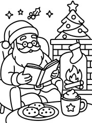 Santa's Cozy Christmas Reading Nook: A charming illustration depicts Santa Claus in a tranquil scene, engrossed in a book by a fireplace.