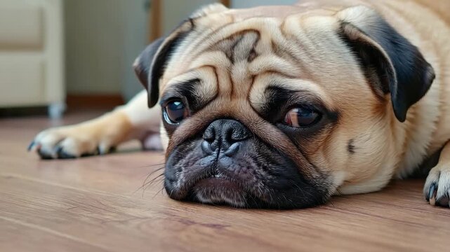 A tranquil indoor scene featuring an adorable pug dog comfortably laying on the floor, exuding a sense of serenity and contentment.