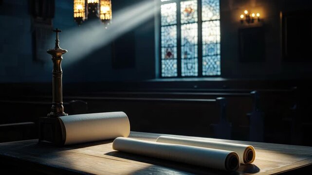 Interior of a church or cathedral, showing a scroll of scripture on a desk, indicative of religious service or liturgical ceremony.