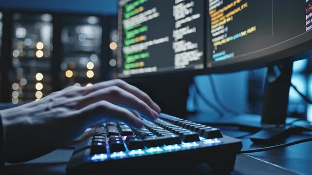Coding in the dark - A programmers hands on a keyboard, illuminated by a screen.