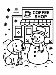 Winter's Coffee Shop Friends: A heartwarming winter scene unfolds, with a cheerful snowman and a cute dog, both adorned with scarves.