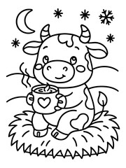 Obraz premium Cozy Cow and Warm Cocoa: A cheerful cow, cozily nestled amongst fluffy hay, is depicted savoring a warm mug of cocoa under a starry night sky.