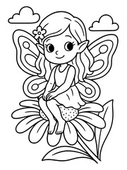 Fototapeta premium Enchanting Fairy in Bloom: A whimsical fairy, with delicate wings and a serene smile, perches gracefully atop a blooming flower, floating amongst fluffy clouds.