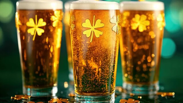 Three pints of beer, with shamrock designs on the glasses. Shown in a pub setting, ready to be enjoyed.