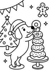 Fototapeta premium Festive dachshund creating delicious dessert : A playful dachshund, adorned in a festive hat, busily arranges donuts in a towering arrangement.