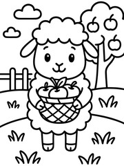 Fototapeta premium Cute Sheep with a Basket of Apples: a charming depiction of a cuddly sheep holding a basket filled with fresh apples under an apple tree, evokes feelings of warmth, harvest season.