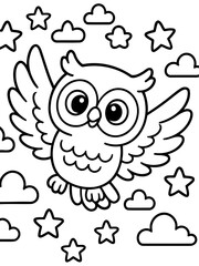 Fototapeta premium Owl Soaring in Night Sky: An adorable owl glides through a starry sky filled with fluffy clouds, creating a whimsical scene of nocturnal wonder.