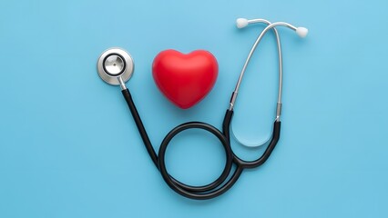 Fototapeta premium Red heart and stethoscope on bright blue background — symbolic representation of cardiology, healthcare, love for medicine, or Valentine’s Day health awareness