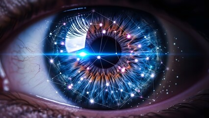 Futuristic human eye with glowing blue digital network and data streams, symbolizing biometrics, artificial intelligence, vision technology, and advanced cybernetics.

