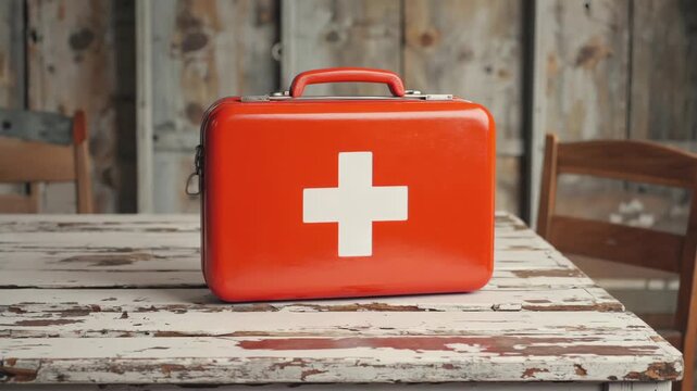 A red box with a white cross on it. The box is on a table. There are two chairs in the background