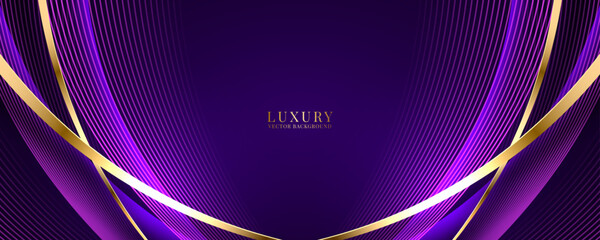 3D purple golden luxury abstract background overlap layer on dark space with wave lines decoration. Modern graphic design element cutout style concept for web, art, flyer, card, or brochure cover