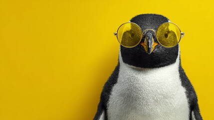 Penguin wearing sunglasses vibrant yellow background playful expression cheerful mood animal portrait fun accessory unique style bright colors