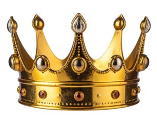A regal, golden crown with intricate details and gems, set against a transparent background