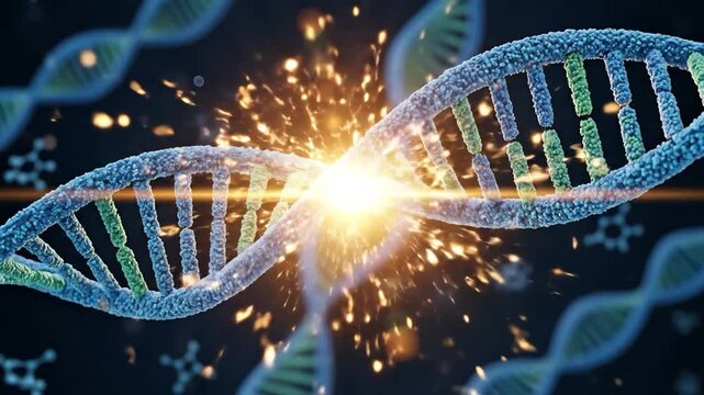 Genetic engineering concept with glowing DNA helix showing gene editing or mutation in a scientific research background