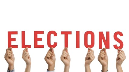 Fototapeta premium Diverse Hands Holding Red Letters Spelling elections Against White Background