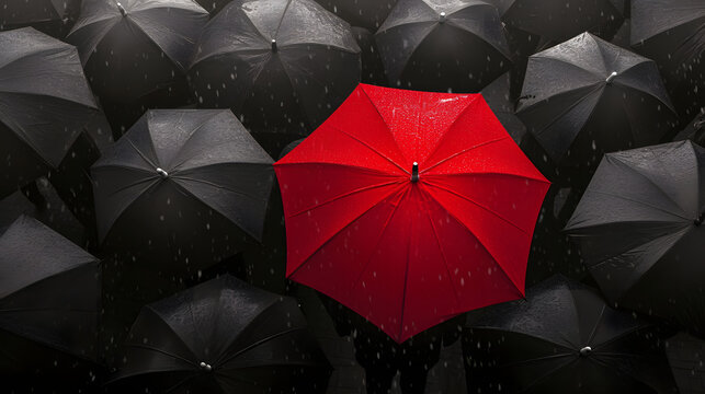 多数の黒い傘の中で一つだけ目立つ赤い傘　リーダーシップと個性のビジネスコンセプト　差別化と独自性