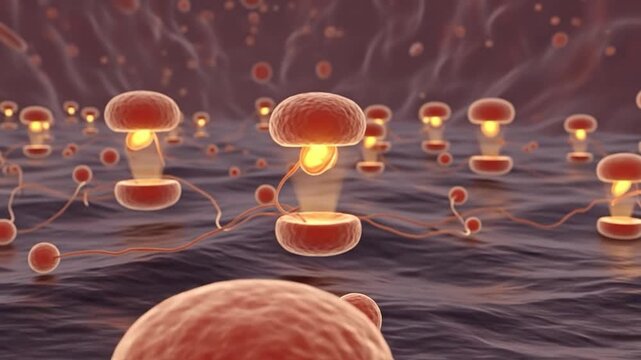 Microscopic view of glowing mushroom-shaped cells interacting with red blood cells in a biological environment, representing cellular activity or a medical process
