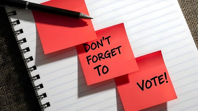 Red Sticky Notes with dont Forget to Vote on a Spiral Notebook with a Pen