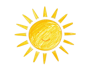 A cheerful, cartoonish illustration of the sun with radiating rays, on a black background